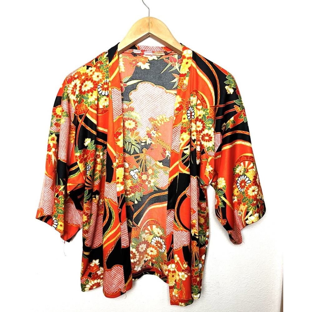 Vintage Kimono Open Cardigan Top Sz Small Medium Orange/Red Floral Asian Retro